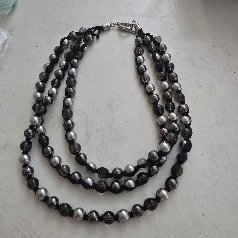 Triple Strand Beaded Toggle Necklace Silver Gunmetal Grey Mixed‎ Media 20 Inch